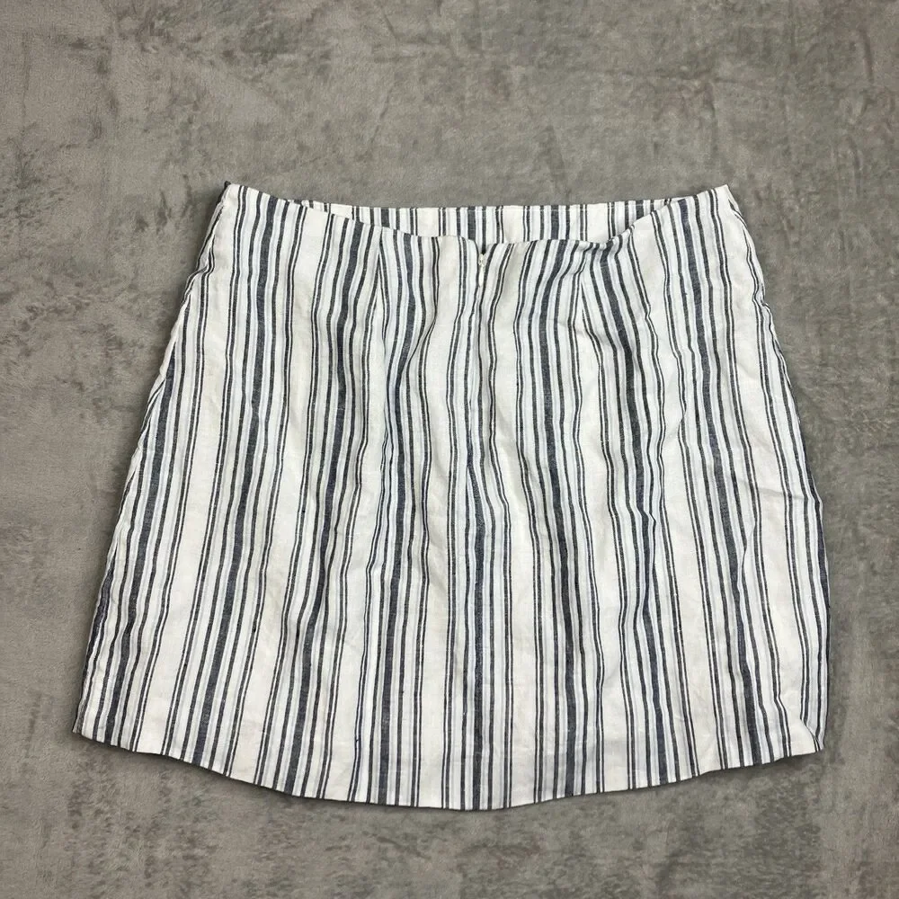Madewell Linen Mini Skirt Coastal White Blue Striped Single Pleat Preppy WMNS 12
